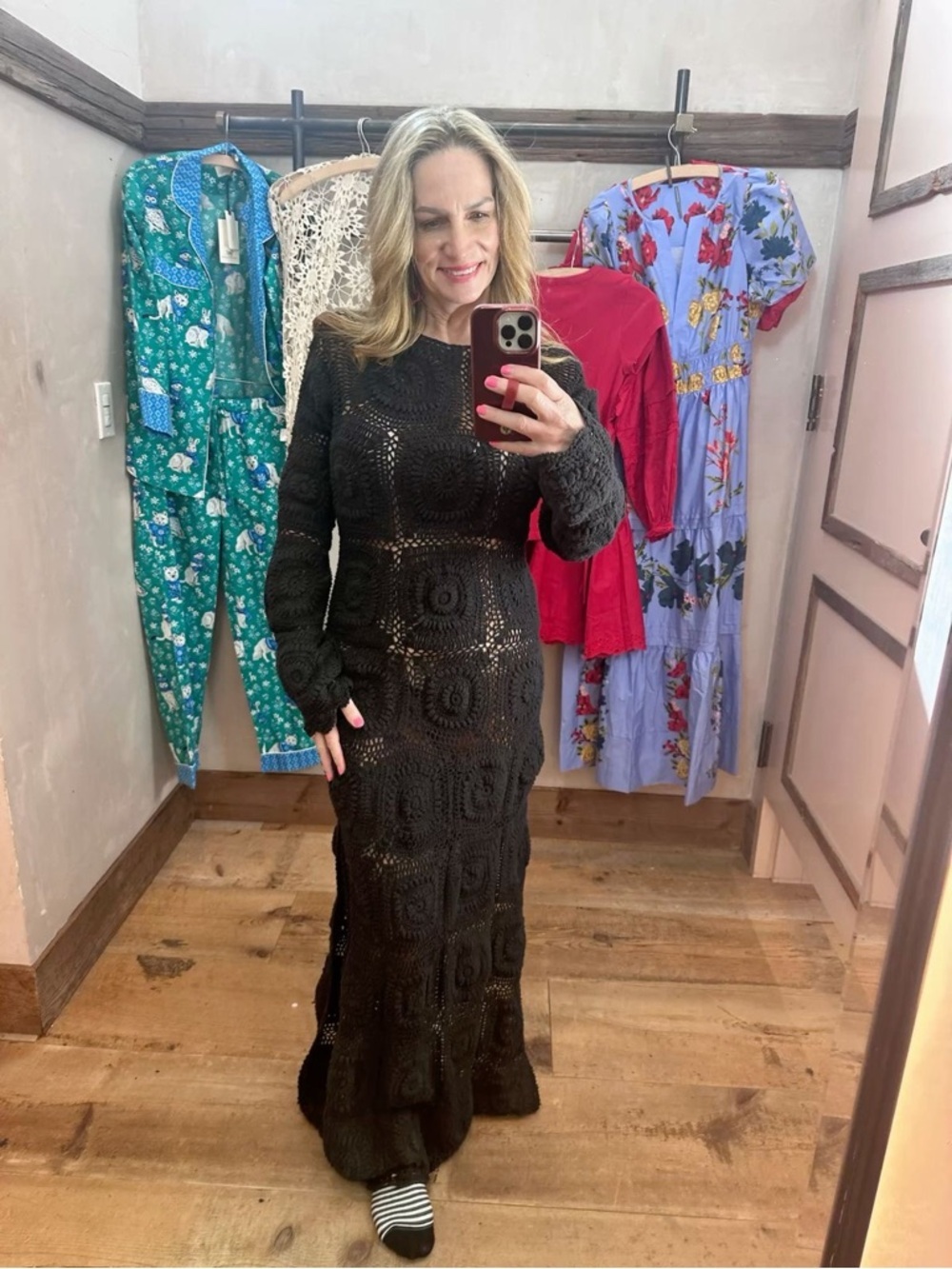 Anthropologie Bohemian Black Crochet Knit Long-Sleeve Midi Dress Large - Picture 5 of 12